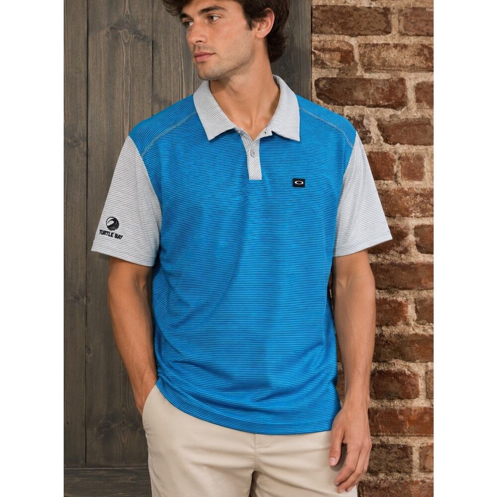 Oakley Hydrolix Blue Gray Golf Shirt Striped Sz XL Turtle Bay Oahu Logo Course